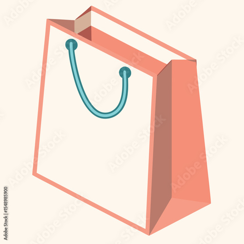 Minimalist isometric shopping bag with teal handles and coral accents