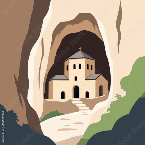 Cave Monastery Illustration: A Serene Religious Building Carved into Rock with a Path Leading to the Entrance