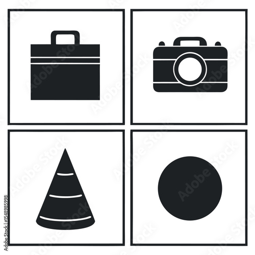 Simple geometric icons briefcase camera cone and circle in black and white