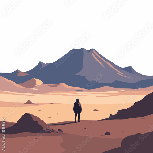 A solitary figure stands before a majestic mountain range in a stylized desert landscape illustration
