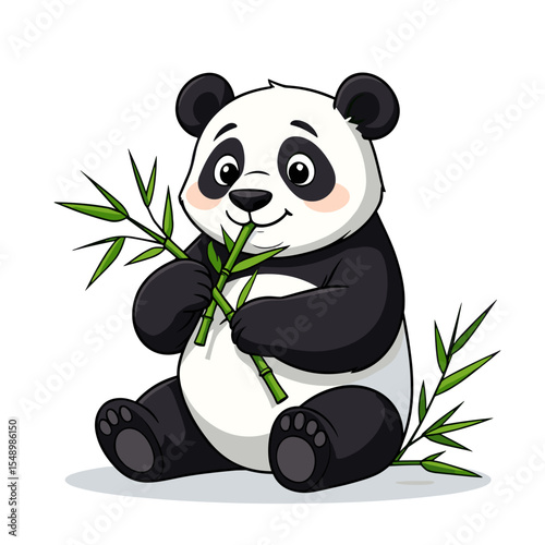 Cartoon Panda Bear Eating Bamboo Leaves Illustration, Cute and Playful Animal Design