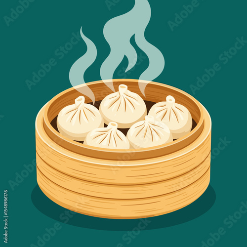 Steaming Hot Dumplings in a Bamboo Steamer Basket Illustration, Delicious Asian Cuisine