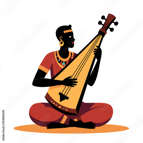 African musician playing a traditional stringed instrument, seated in a cross-legged position, vector illustration