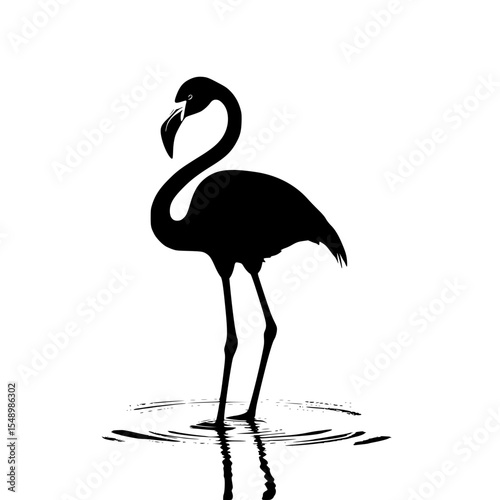 A silhouetted vector of a graceful flamingo standing in shallow water.