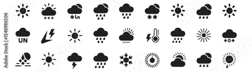Weather, climate icon set. Vector glyph pictograms of sun, cloud, rain, snow, thunderstorm, humidity, UV index, forecast, meteorology and atmospheric condition black silhouette illustration.