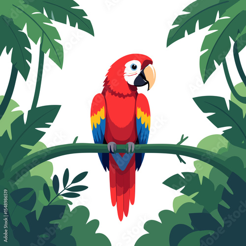 Colorful Scarlet Macaw Parrot Perched on a Branch in a Lush Tropical Rainforest Illustration