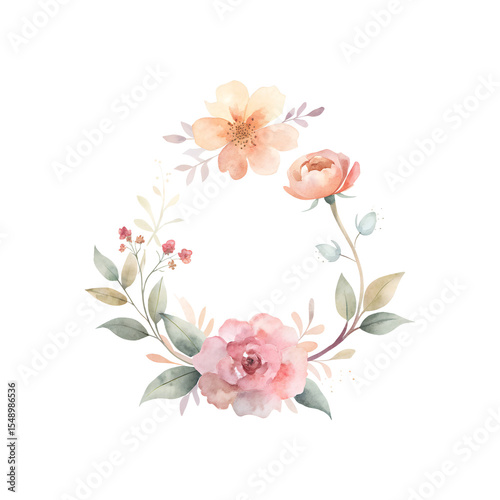 Floral table number card with rose accents in watercolor style on transparent background