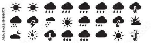 Weather, climate icon set. Vector glyph pictograms of sun, cloud, rain, snow, thunderstorm, humidity, UV index, forecast, meteorology and atmospheric condition black silhouette illustration.