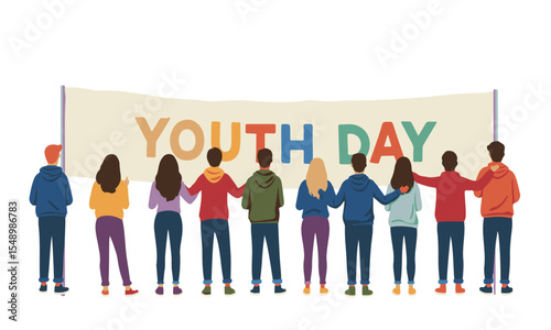 Youth Day vector illustration with diverse young people holding a colorful banner. Perfect for international youth day campaigns, education, NGO, and community posters