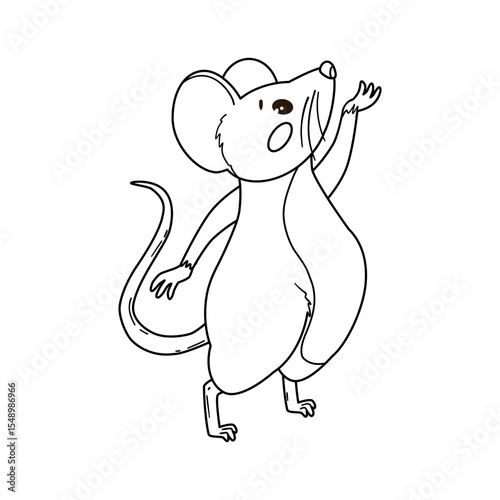 The cartoon mouse stands on his toes and stretches his legs. The mouse has a round body, small ears and a long tail. For drawings and children's coloring. Vector illustration