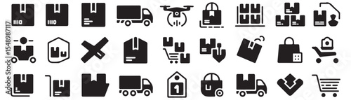 Delivery, logistics icon set. Vector glyph pictograms of package, truck, warehouse, drone, supply chain, shopping bag, shipping, courier, e-commerce concept black silhouette illustration.
