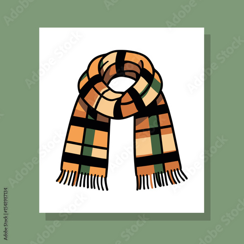 Warm and Cozy Plaid Scarf Illustration with Tassels in Autumnal Colors, Perfect for Winter Fashion