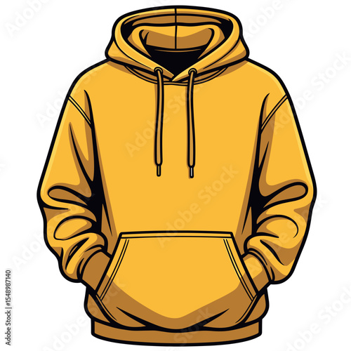 Detailed Vector Illustration of a Yellow Hoodie with Drawstrings and a Front Pocket, Fashion Apparel