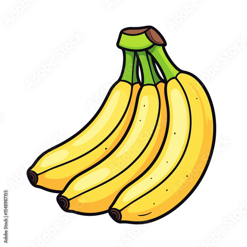 Illustration of a Bunch of Ripe Yellow Bananas with Green Stems on a White Background