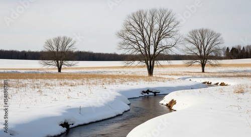 A winter landscape featuring a winding stream and bare trees under a clear sky in a snowy field view
