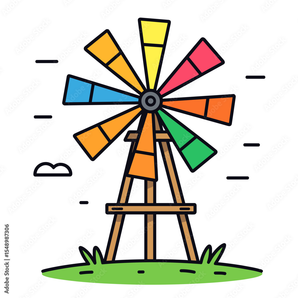 Obraz premium Colorful Windmill Illustration on Green Grass with a Simple Cloudy Sky, Flat Design