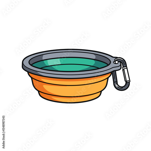 Orange and Green Collapsible Pet Bowl with Carabiner Clip Illustration for Travel and Outdoor Use