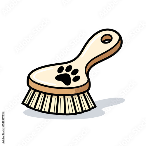 Cartoon Pet Brush with Paw Print for Grooming, Vector Illustration for Animal Care