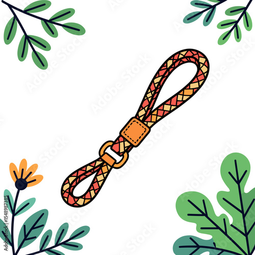Braided Wrist Strap with Geometric Pattern Surrounded by Floral Elements on White Background Illustration