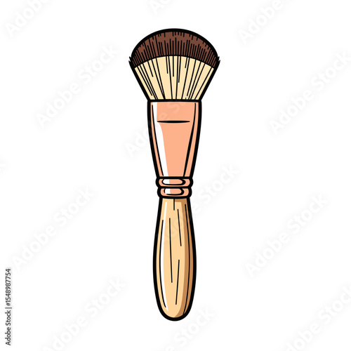 Illustration of a Makeup Brush with Wooden Handle and Brown Bristles for Beauty and Cosmetic Use