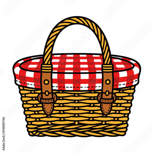 Illustration of a Woven Picnic Basket with Red and White Gingham Liner, Perfect for Outdoor Dining and Summer Activities