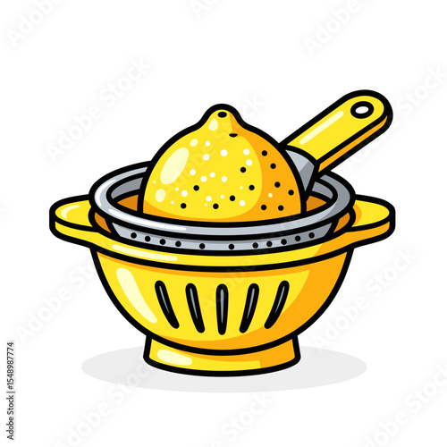 Vibrant Yellow Lemon Being Squeezed in a Colander Illustration, Fresh Citrus Juice Preparation