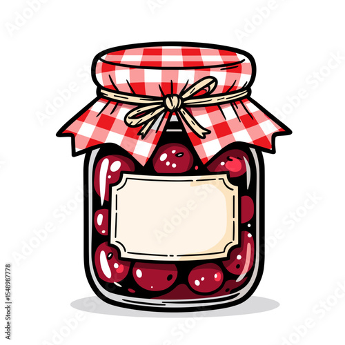 Cartoon Illustration of a Jar of Cherry Jam with Gingham Fabric Topping and Blank Label