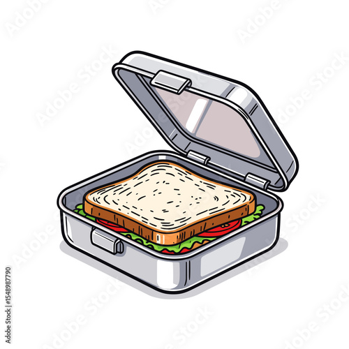 Illustration of a Sandwich in a Metal Lunch Box with Lettuce and Tomato, Ready to Eat