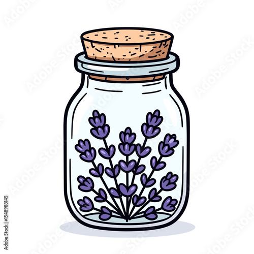 Cartoon Illustration of Lavender Sprigs in a Glass Bottle with Cork Stopper, Decorative Element