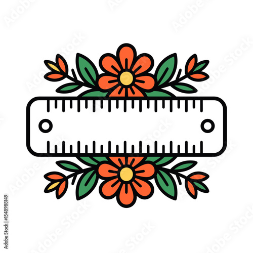 Floral Ruler Illustration with Orange Flowers and Green Leaves, Back to School Graphic