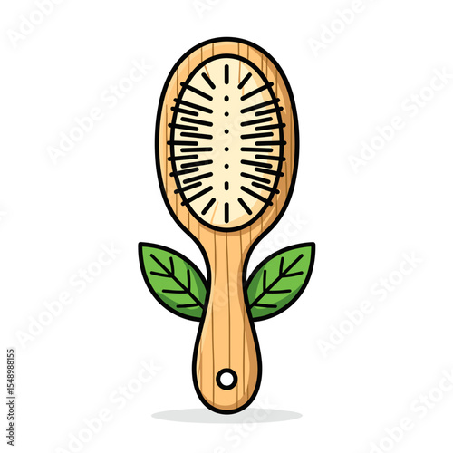 Eco-Friendly Wooden Hair Brush with Green Leaves Illustration for Sustainable Lifestyle