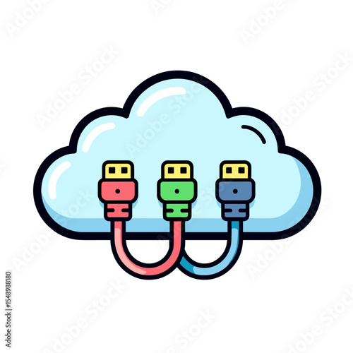 Cloud Computing Network Illustration with USB Cables Connecting to a Central Cloud Server for Data Transfer
