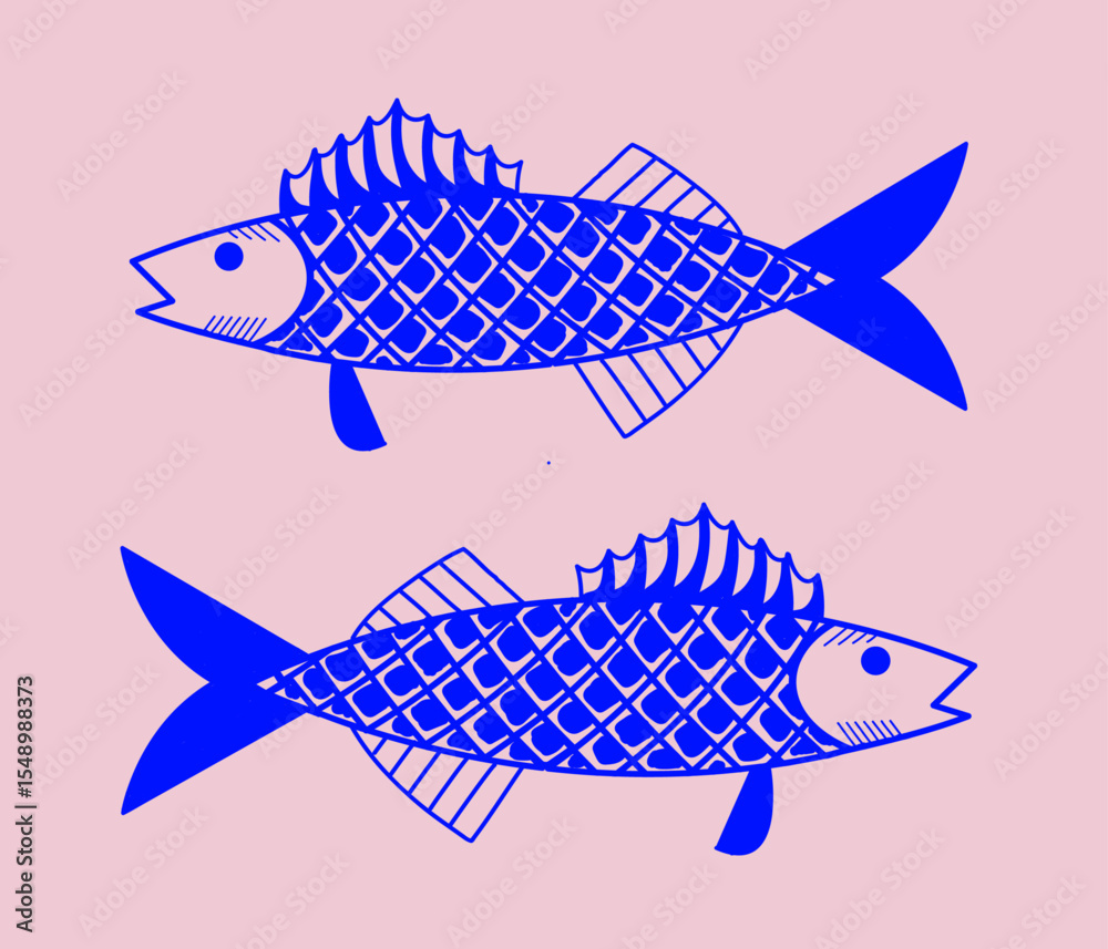 Vector de peces azules con fondo rosa

