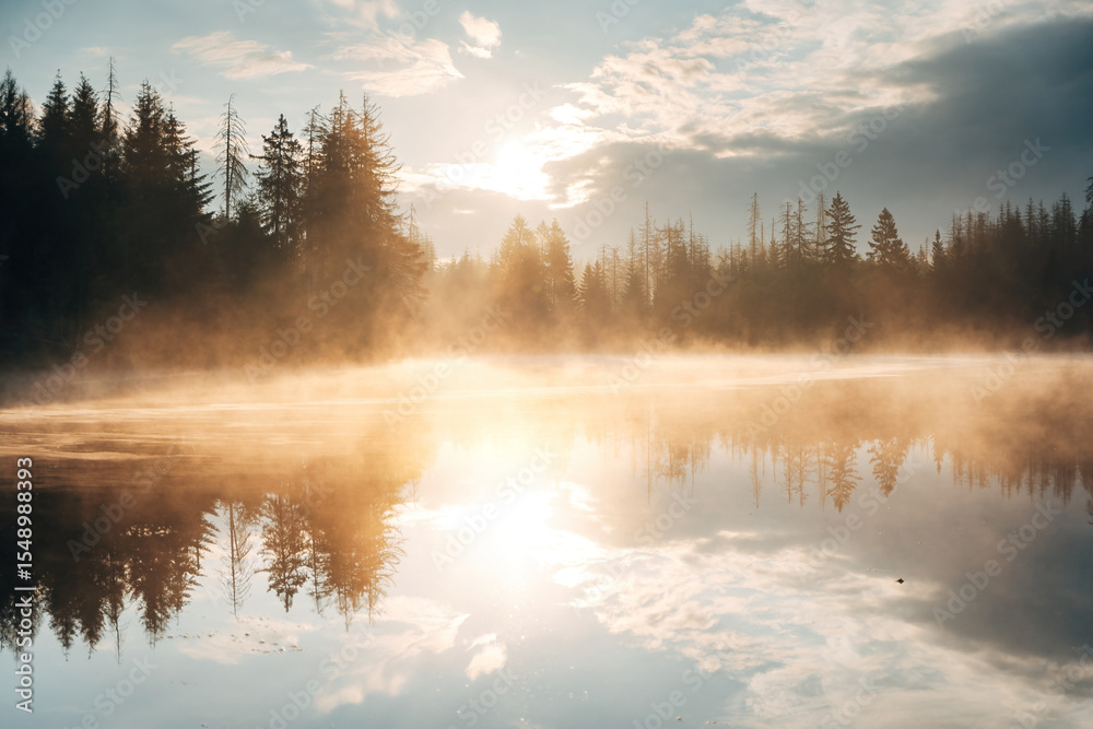 Fototapeta premium Serene Awakening - A Golden Sunrise Paints the Tranquil Lake in Warm Hues