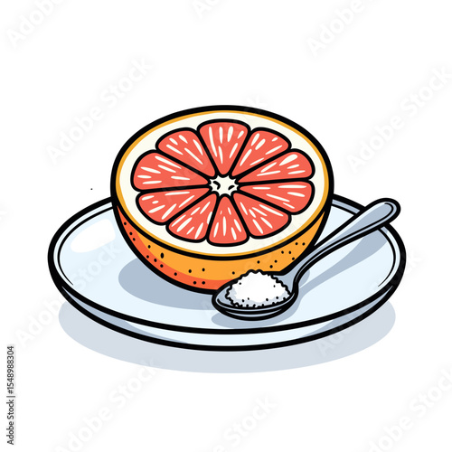 Illustration of a Half Grapefruit with Spoonful of Sugar on a White Plate, Fresh and Healthy