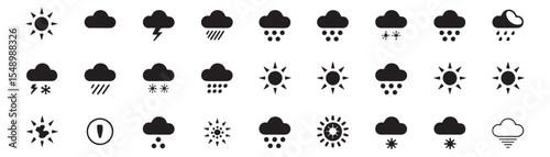 Weather, climate icon set. Vector glyph pictograms of sun, cloud, rain, snow, thunderstorm, humidity, UV index, forecast, meteorology and atmospheric condition black silhouette illustration.