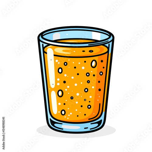 Refreshing Orange Juice Glass with Bubbles Cartoon Illustration, a Healthy and Delicious Drink