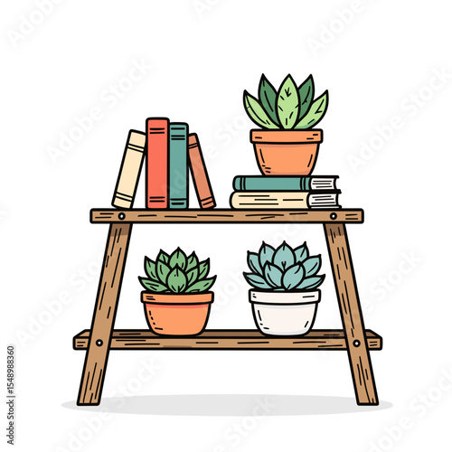 Stylized Illustration of a Wooden Shelf with Succulents and Books, Clean Vector Design