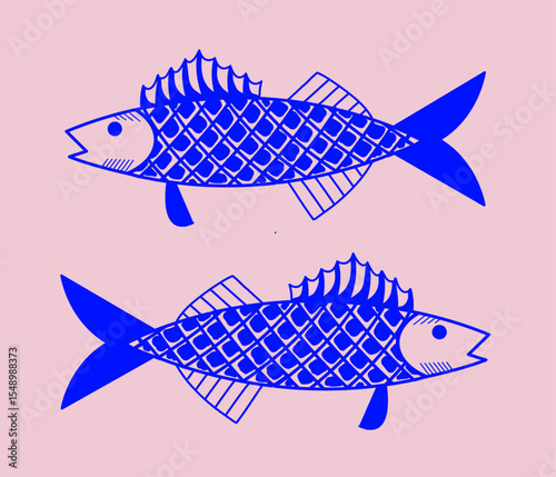 Vector de peces azules con fondo rosa
