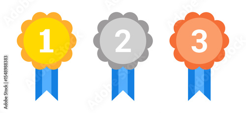 1st 2nd 3rd Place Medals with Blue Ribbons. Vector Illustration for Sports Awards, Quizzes, and Education Apps