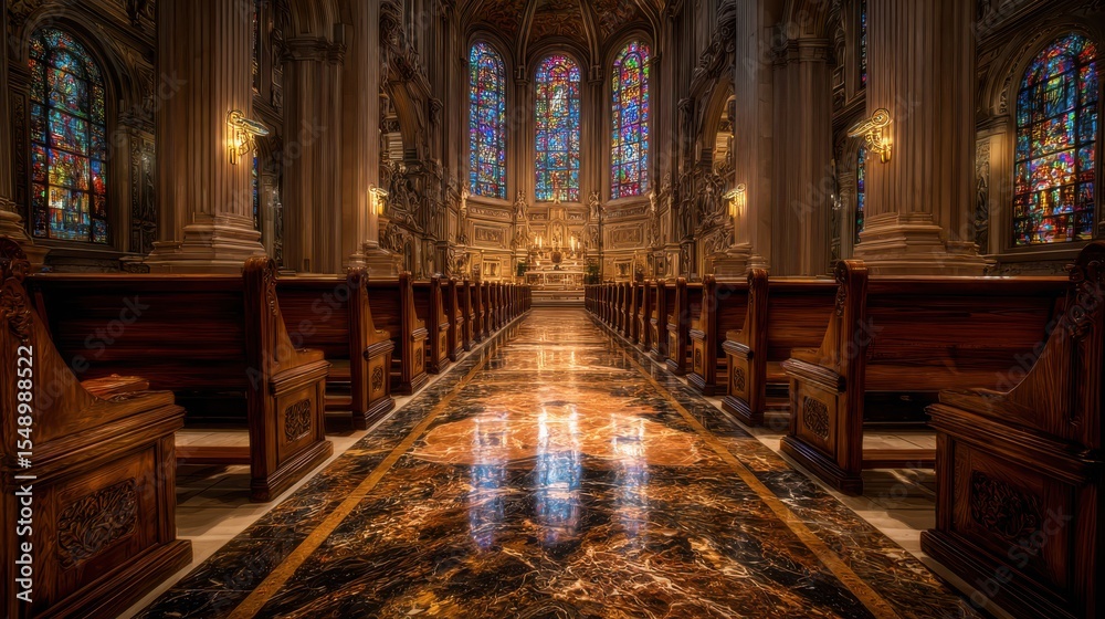 Fototapeta premium Stunning architecture showcases colorful stained glass windows illuminating polished marble flooring in this historic church interior, inviting reflection and serenity within the sacred space