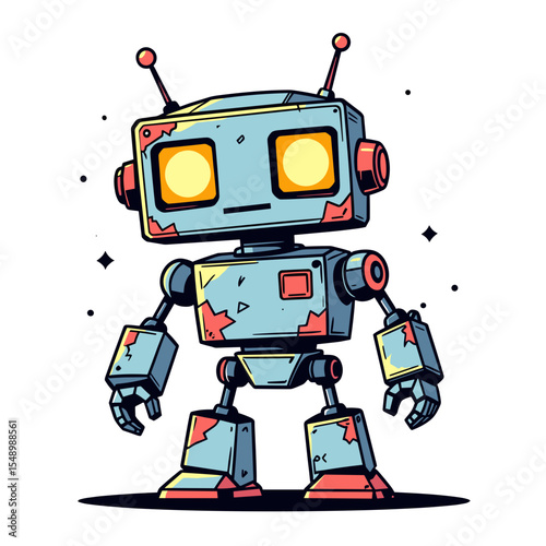 Cartoon Robot Character with Glowing Eyes and Antennae Standing on a White Background Illustration