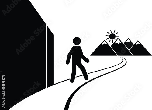 Illustration of a Person Walking Against Drug Abuse and Illicit Trafficking in a Mountain Landscape