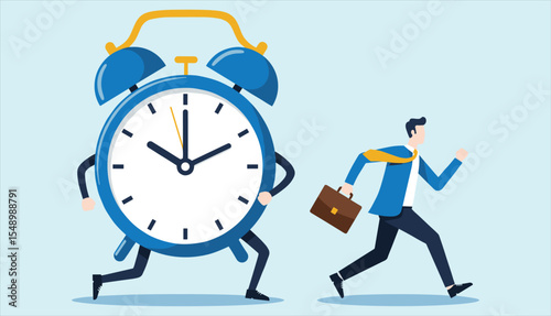 Time management, urgent deadlines, and efficient work concept: Businessman running with a briefcase, being chased by a giant alarm clock for urgency.