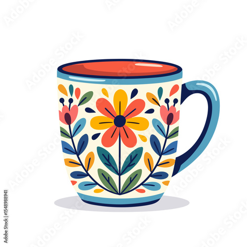 Colorful Floral Mug Illustration with Decorative Flower Pattern Design for Beverage Consumption