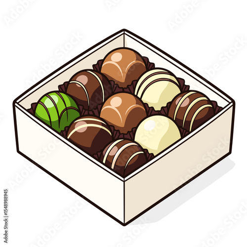 Box of Assorted Chocolate Truffles Illustration with Various Flavors and Toppings, Delicious Confections