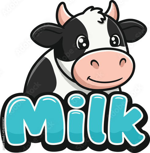 Cute cartoon cow with milk text logo design, dairy mascot illustration, farm animal branding, fresh milk label vector, organic milk product packaging concept