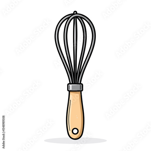 Illustration of a Silver Wire Whisk with a Wooden Handle for Cooking and Baking