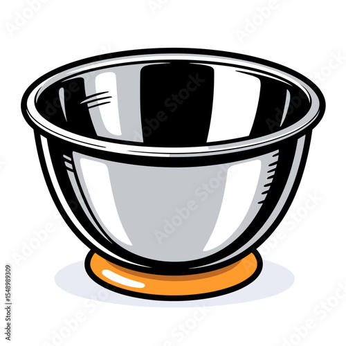 Vector Illustration of a Shiny Metal Mixing Bowl with Orange Base on White Background