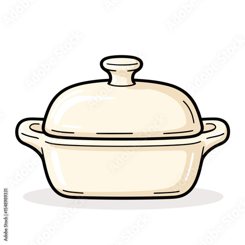 Illustration of a Cream Colored Casserole Dish with Lid, Kitchenware for Cooking and Serving